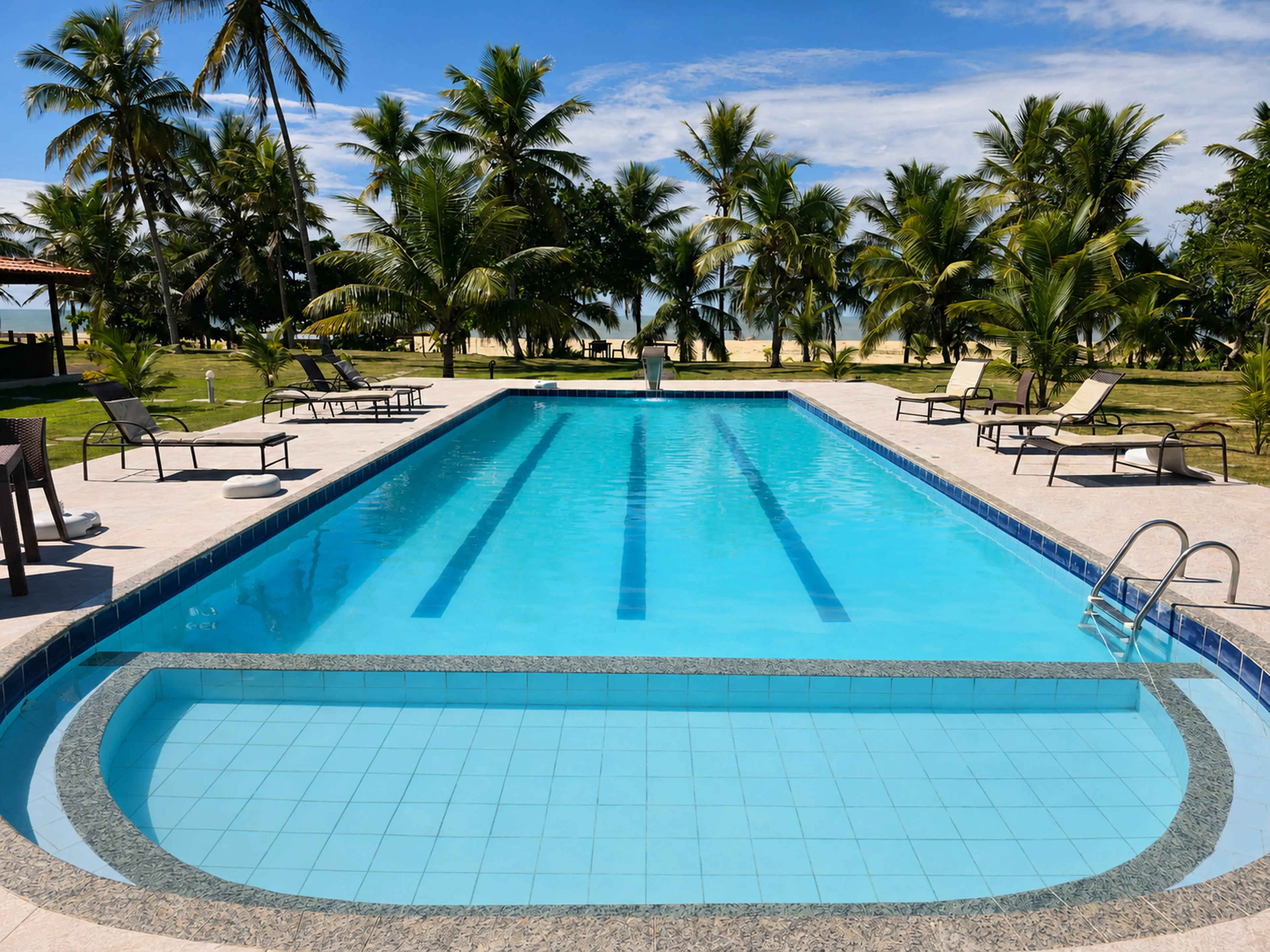Piscina do Bangalô da Professora Eunice cercada por coqueiros e diante da praia